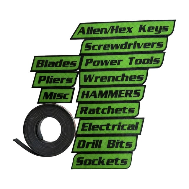 12 Pack of Magnetic Toolbox Labels,3D Printed Magnetic Tool Box Labels, Reusable Tags for Steel Toolboxes, Carts, Drawers, and Cabinets,Easy to Stick and Remove Comes With 1 Extra Ring Magnet!