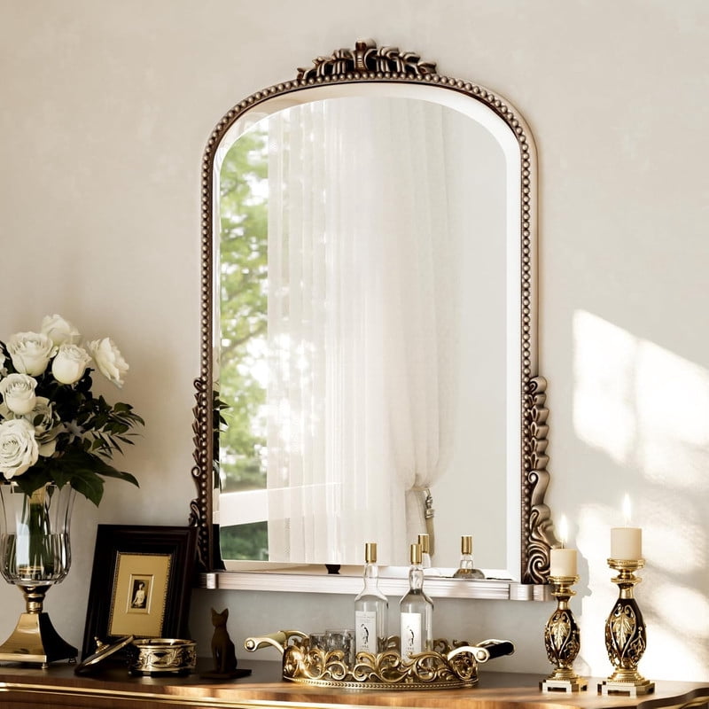 Gleamira 32"x 24" Antique Arched Bathroom Mirror Vanity Mirror Decor Wall Mirror, Antique Silver