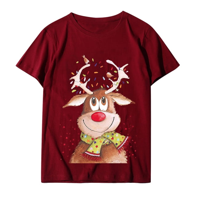 Mujeres Hombres O-cuello de manga corta Feliz Navidad Imprimir Familia Tops Camiseta Blusa Pompotops hfajkhk124293