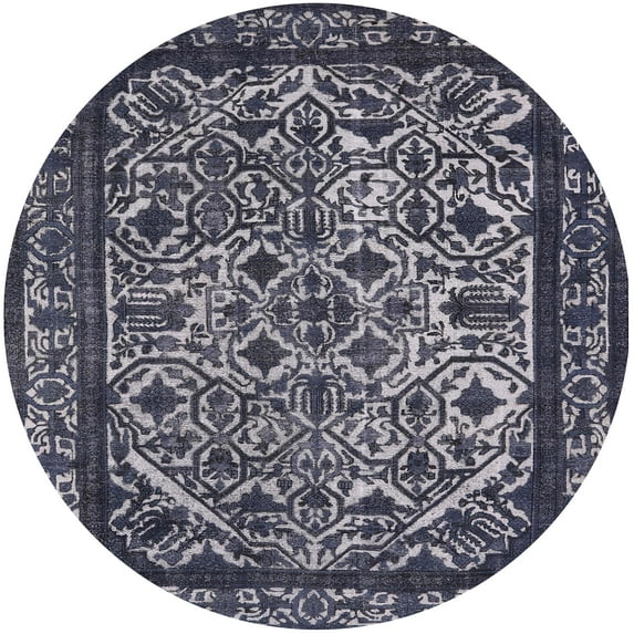 Ahgly Company Indoor Round Mid-Century Modern Dark Slate Blue Oriental Area Rugs, 8' Round