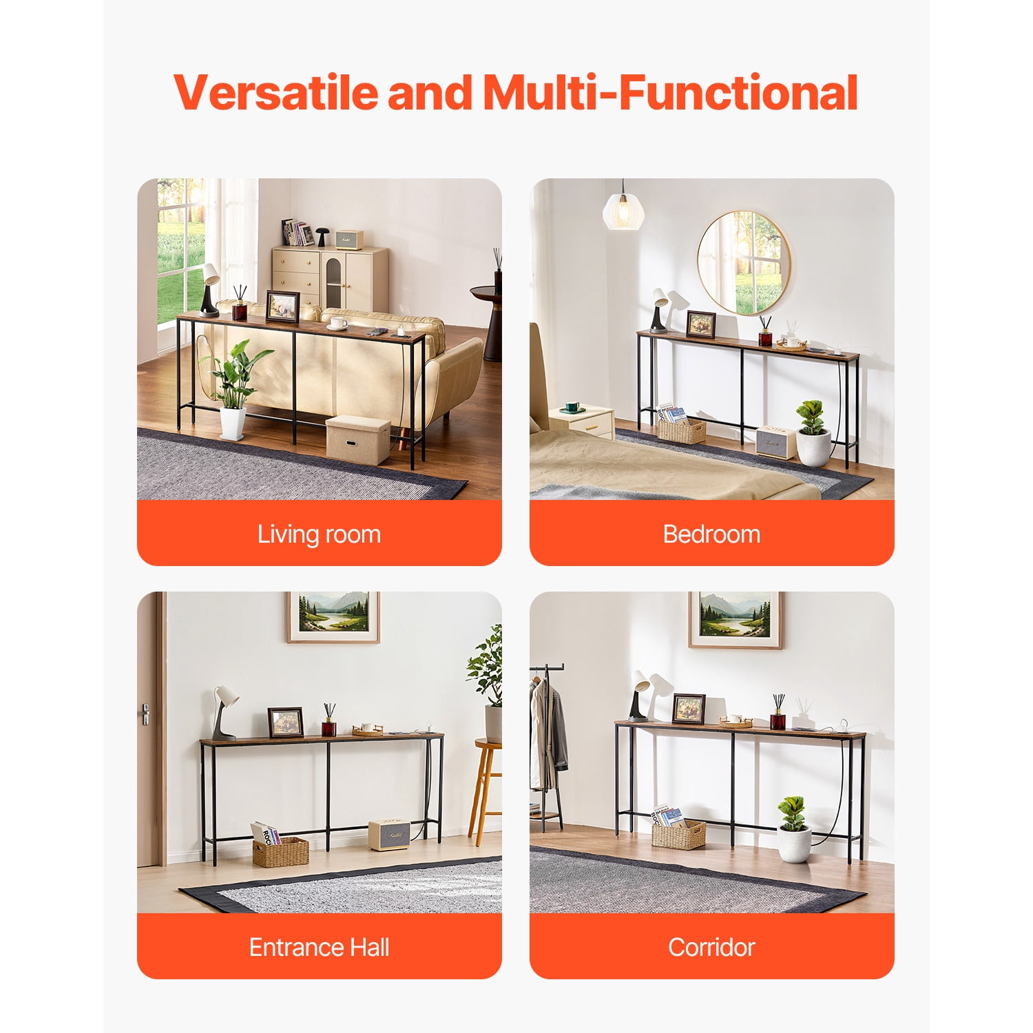 KFFKFF 70.9" Console Table, Entryway Table with 2 Sockets and 2 USB Ports, Adjustable Feet, Modern Long Narrow Console Table for Hallway Living Room