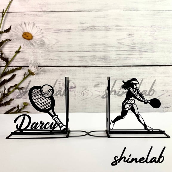 Shinelab Tennis Metal Bookends Player Name Bookend Gift, Sports Bookshelf Decor 6008