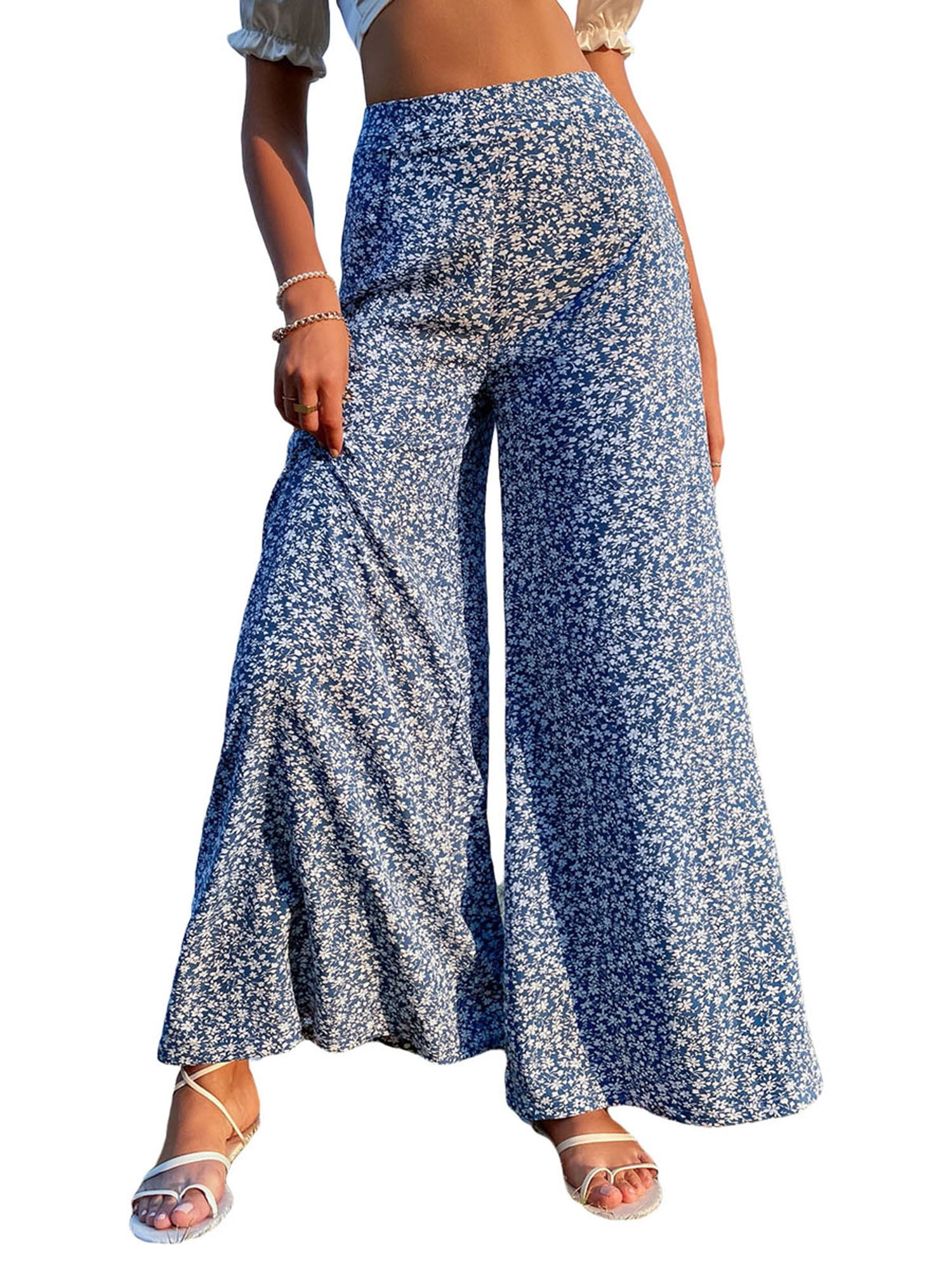 Womens Summer Wide Leg Pants Casual Loose Boho Floral