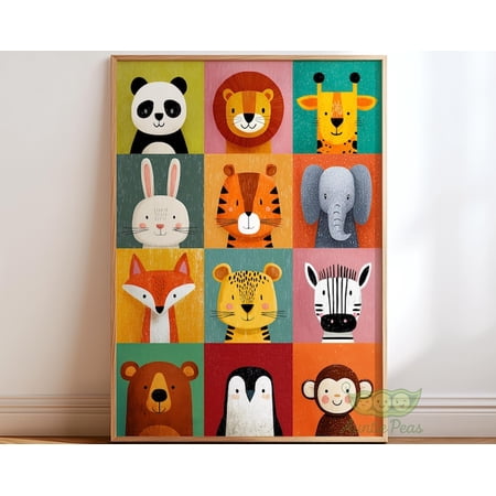 Cute Safari Zoo Animal Faces Wall Art Print, Unframed Paper Poster 8x10in