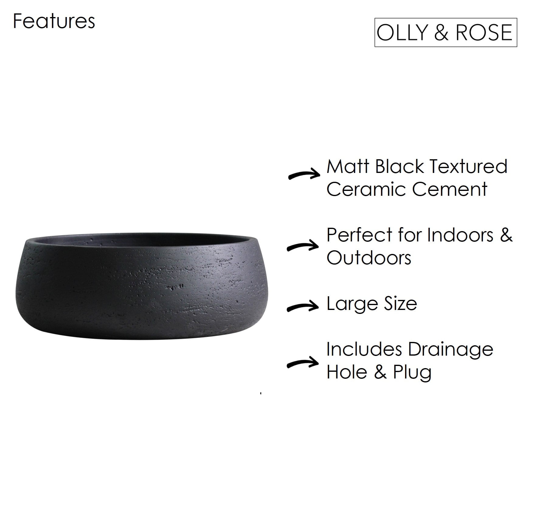 Olly & Rose Large Ceramic Planter Bowl in Matt Black - Shallow Plant Pot Indoor Outdoor Decorative Bowl