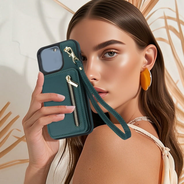 PU Leather Flip Phone Wallet with Hand Strap Card Slots and Detachable Lanyard for 17 Protective Cover