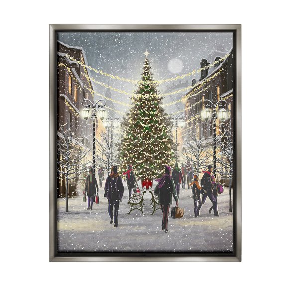 Stupell Industries Town Christmas Tree Holiday Painting Gray Floater Framed Canvas Art Print Wall Art, 25 x 31
