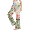 thumbnail image 3 of Women's Pink Peony Green Leaf Pajama Pants, Casual Pajama Bottoms Lounge Pants Wide Leg, 3 of 7