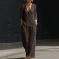 thumbnail image 2 of cfhntfmh Womens Sets 2 Piece Outfits 3/4 Sleeve V Neck Button Tops Palazzo Pants with Pockets Cotton Linen Clothes, 2 of 5