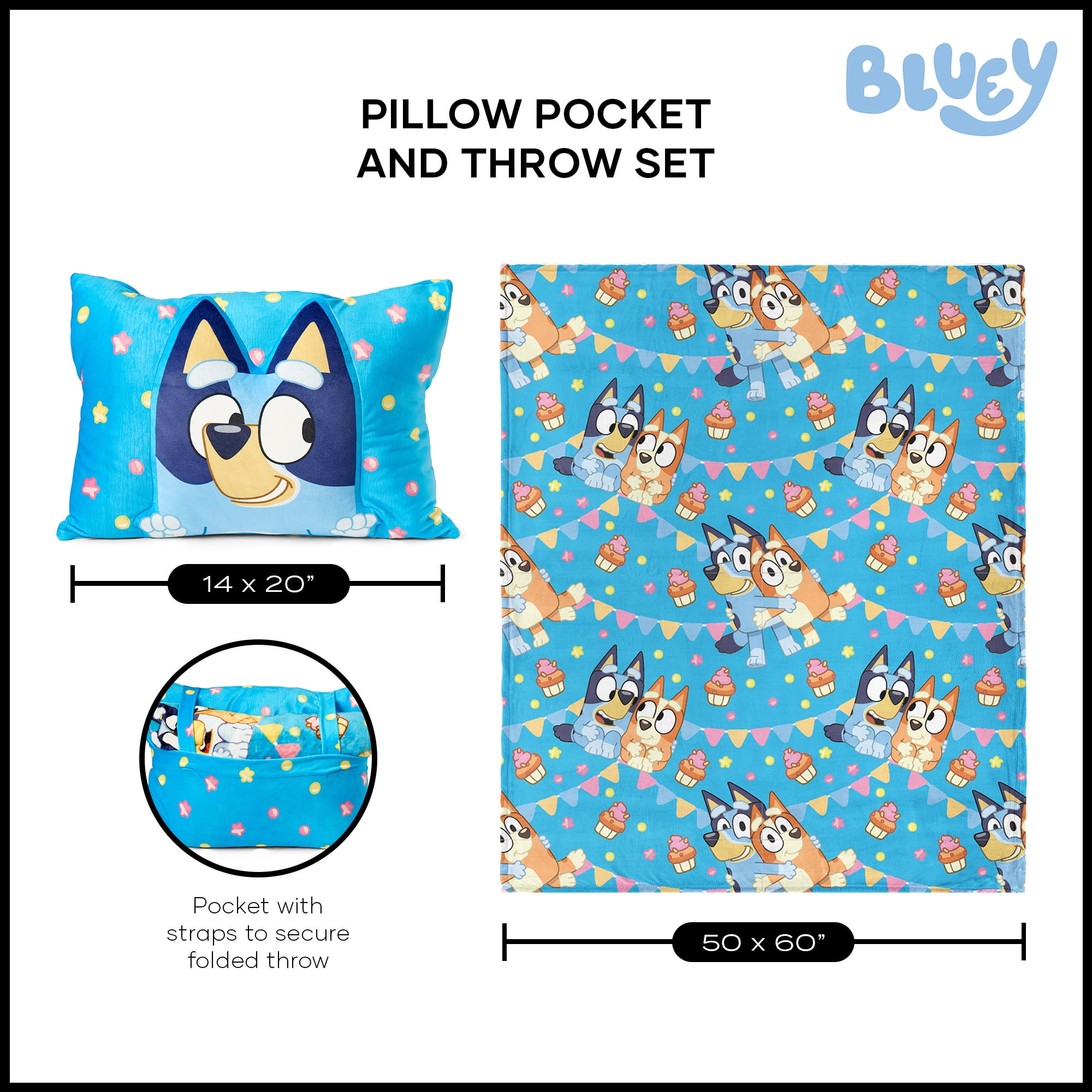 Bluey Party Pups Silk Touch Throw Blanket 50X60 inches with Plush Pocket Pillow 14X20 inches – Ultra Soft Plush Character Pillow for Kids