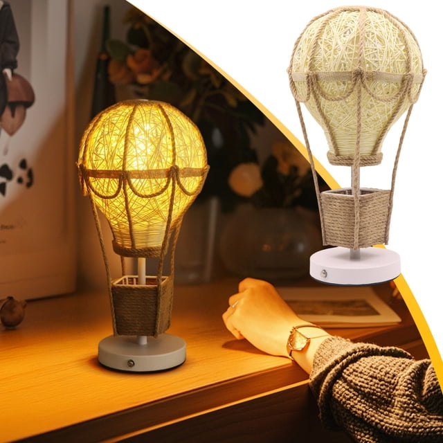 Hot Air Balloon Table Lamp Woven Rattan Shade LED Night Light Bedside Ambient Lighting Decorative Light 1-Pack