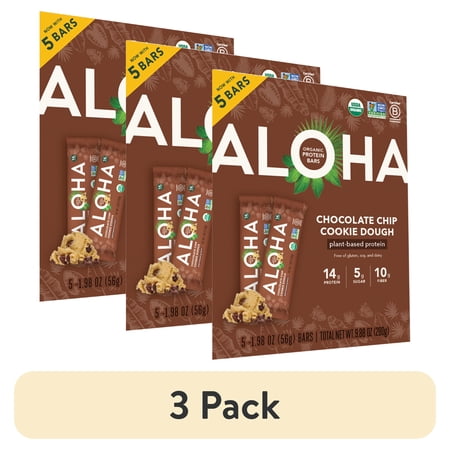 (3 pack) Aloha Plant-Based Protein Bars, 14g Protein, Chocolate Chip Cookie Dough, 5 Pack