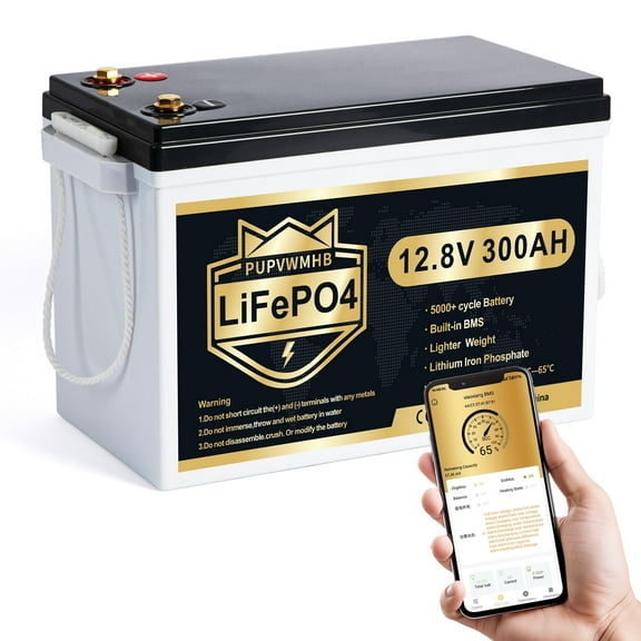 PUPVWMHB12V 300Ah MINI LiFePO4 Lithium Battery, Bluetooth Lithium Battery, 200A BMS, up to 15000 Cycles, Max.3840Wh Energy with Low Temp Cut off, Perfect for RV, Solar, Trolling Motor