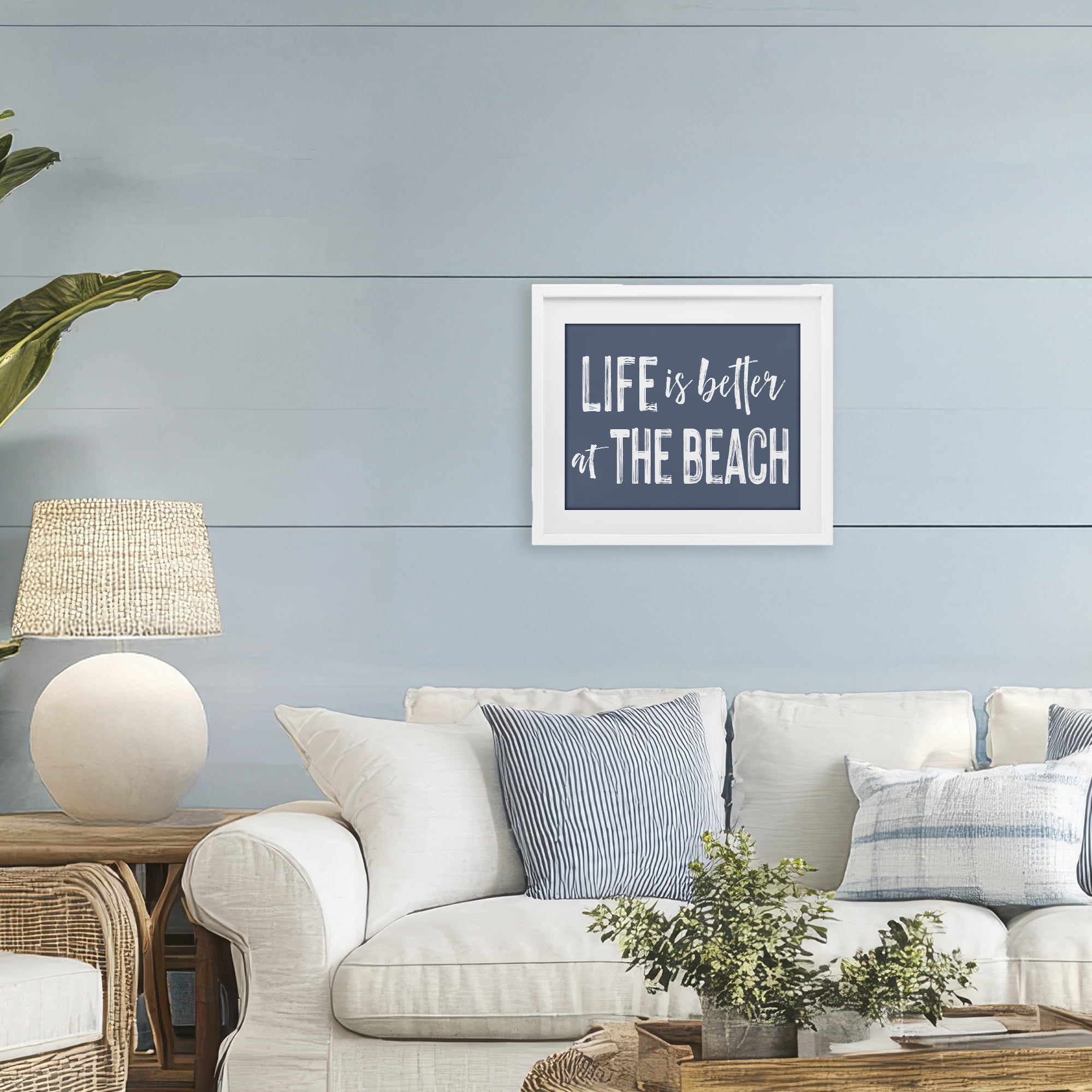 Life Better At Beach Blue White Framed Print Under Glass, design by Lettered and Lined