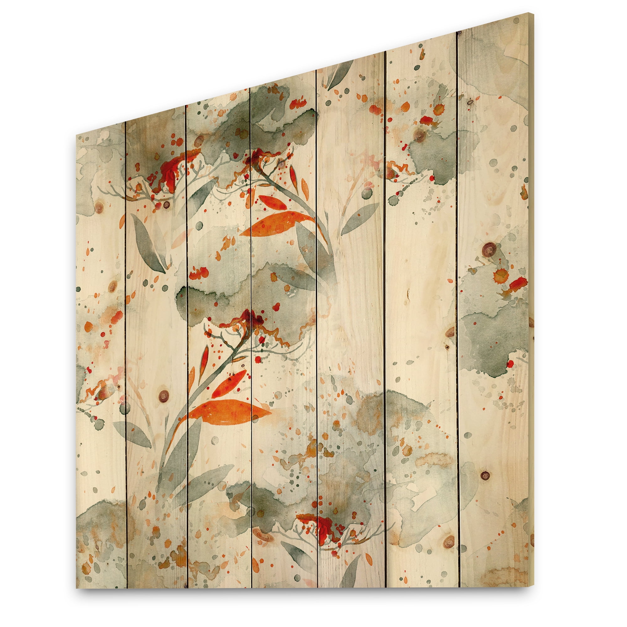 Designart 'Orange and Green Wildflowers I' Modern Print on Natural Pine Wood
