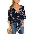 thumbnail image 5 of Defitshape Women's V Neck Blouse Summer Floral Boho Shirt Fall Top Cotton Light Cool Loose Fit 3/4 Sleeve Fashion Tie Front Knotted Crop Shirt Navy 8-10, 5 of 5