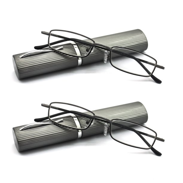 EYE ZOOM 2 Pack Ultra Slim Compact Lightweight Tube Reading Glasses with Portable Clip Aluminum
