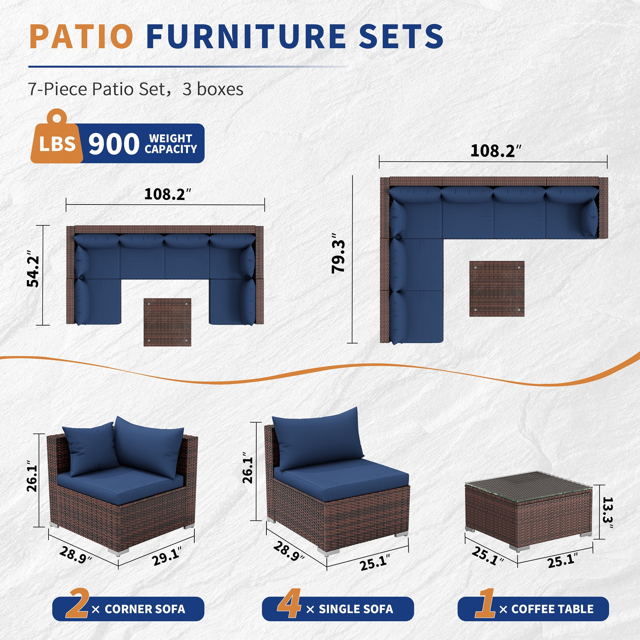 UDPATIO 7-Piece Wicker Modular Sectional Outdoor Conversation Sets with Glass Coffee Table, Blue