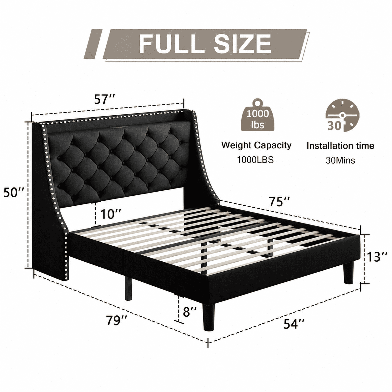 Virans Full Bed Frame with 16" Deluxe Wingback & Charging Station, Upholstered Platform Bed with Button Tufted Storage Headboard,Black