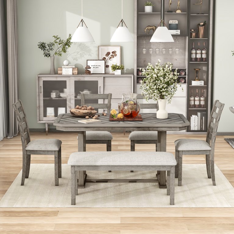 HUGROVE 6-Piece Dining Set - 51" Faux Marble Table, 4 Linen Chairs & Bench, Dark Gray Modern Kitchen Set