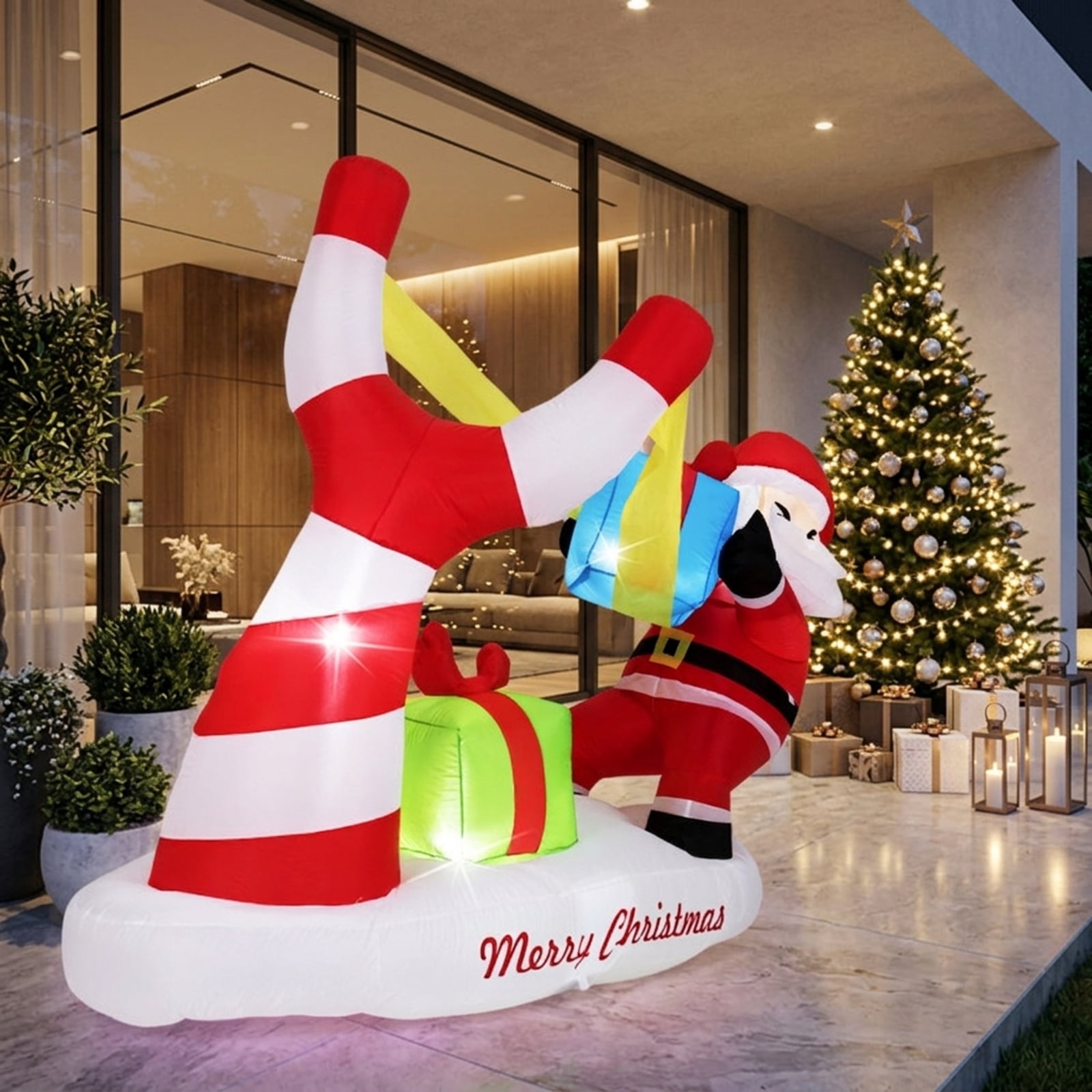 RUIE 7 FT Christmas Inflatables Santa with Slingshot, Blow Up Santa with Gift Boxes and LED Lights, Outdoor Yard Decor for Lawn Garden - Multicolor