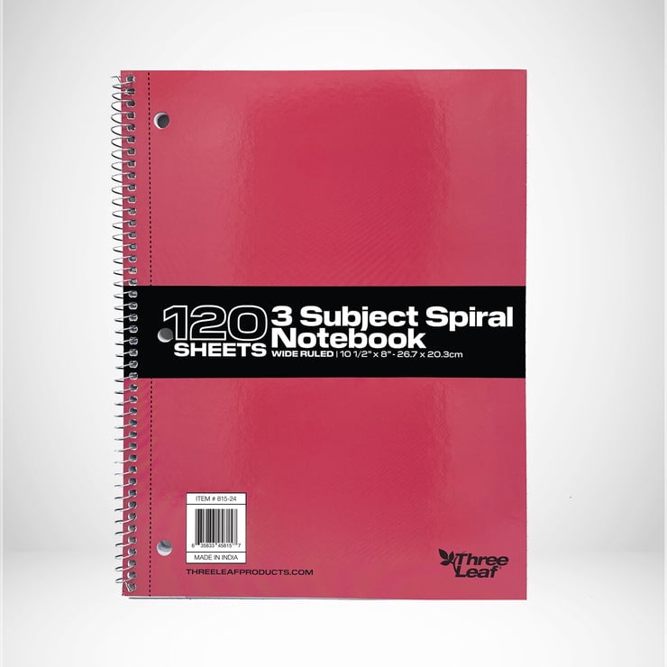 Three Leaf 120 Sheets, 10 1/2 X 8, 3 Subject Spiral Notebook, Wide Ruled, Pack Of 24