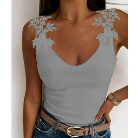 

Hesxuno Fashion Sexy Womens V-Neck Patchwork Solid Lace Short Camis Tops Vest