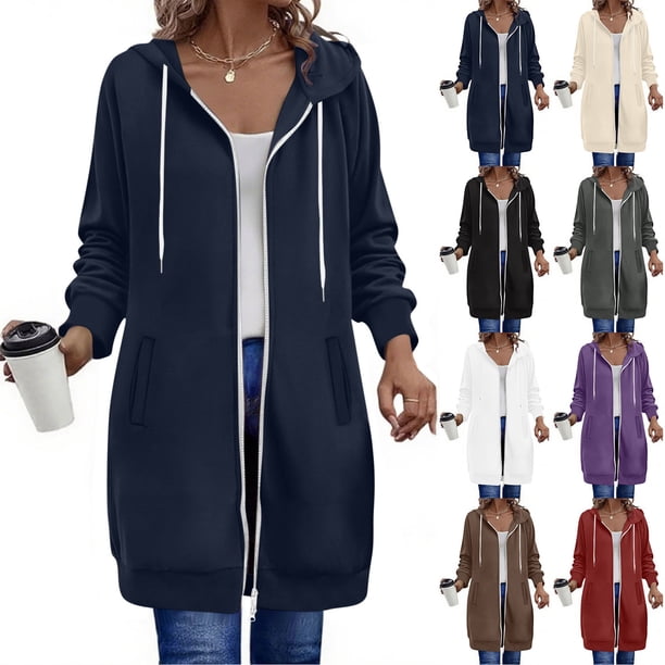 Tops de trabajo para mujer,Sudadera con capucha para mujer, holgada, de manga larga con doble cremallera, color liso, con bolsillos, mezcla de poliéster para uso informal, sopatenor