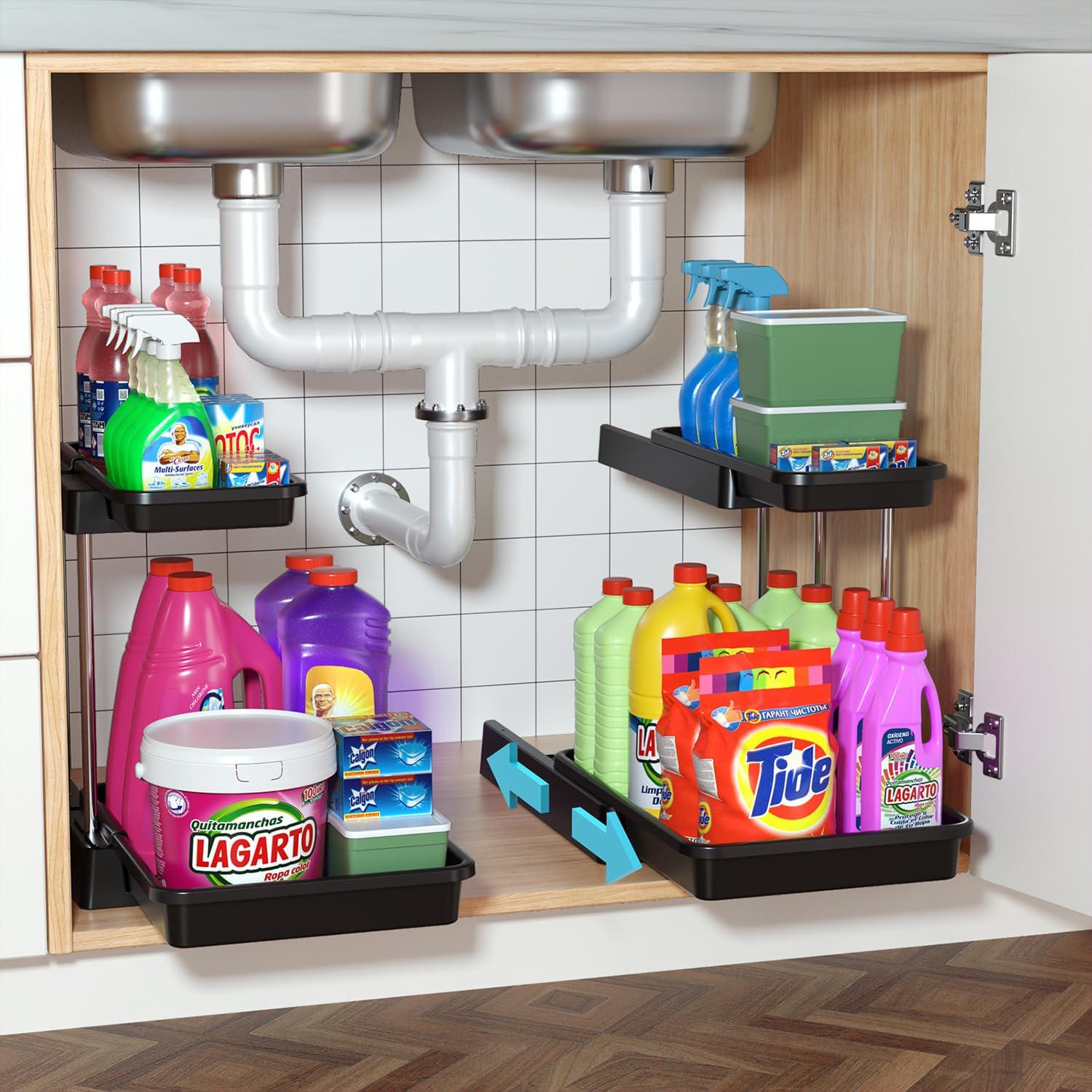2-Tier Under Sink Organizers and Storage, Sliding L-shape Under Bathroom Kitchen Cabinet Organizers Narrow Space Sink Organizer
