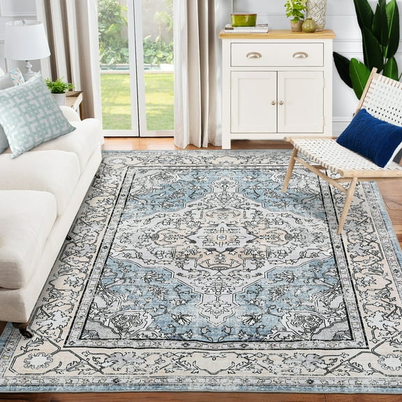 Hasoo Washable 9' x 12' Area Rug for Living Room Boho Vintage Rug Non Slip Throw Rugs Floral Bedroom Rug, Blue