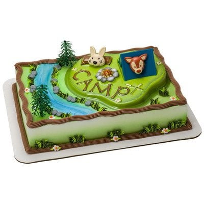 Trooper Base - Camping Adventure Cake Topper Decorating Kit, Includes plastic green CAMP base, tent, 2 trees, and 2 rings (bunny and fox) By Bakery Supplies