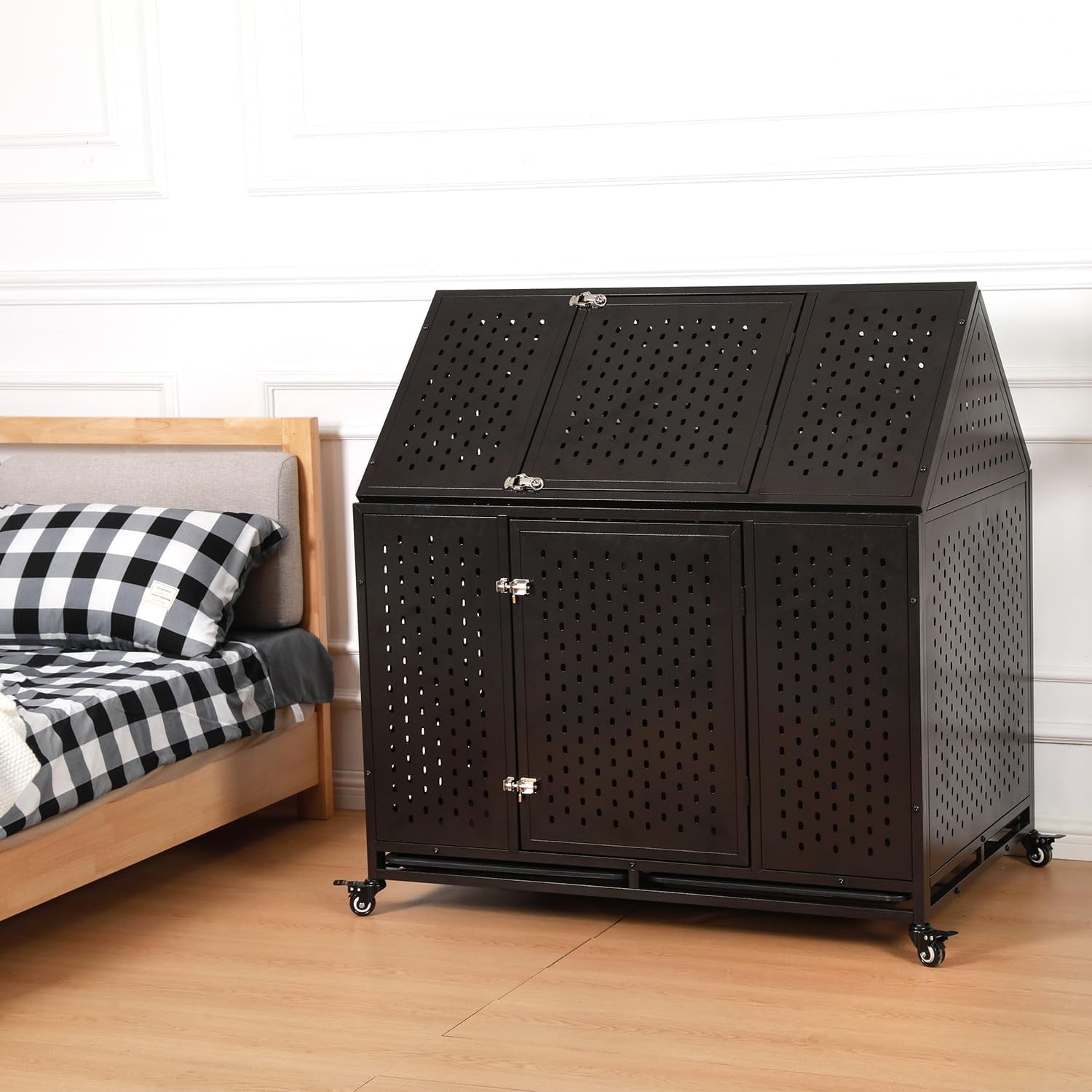 Ufyerutg 45'' Indestructible Heavy Duty Dog Crate, Escape Proof Strong Steel Impact Pet Cage for Large Medium Dogs, High Anxiety Sound Proof Chewproof Kennel Double Door with Trays and Wheels