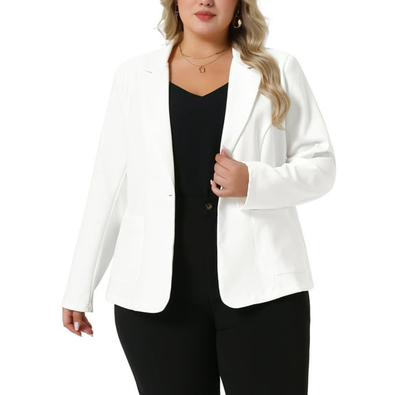 Agnes Orinda Women's Plus Size Blazer Notch Lapel Button Front Wear-to-Work Jackets 1X White