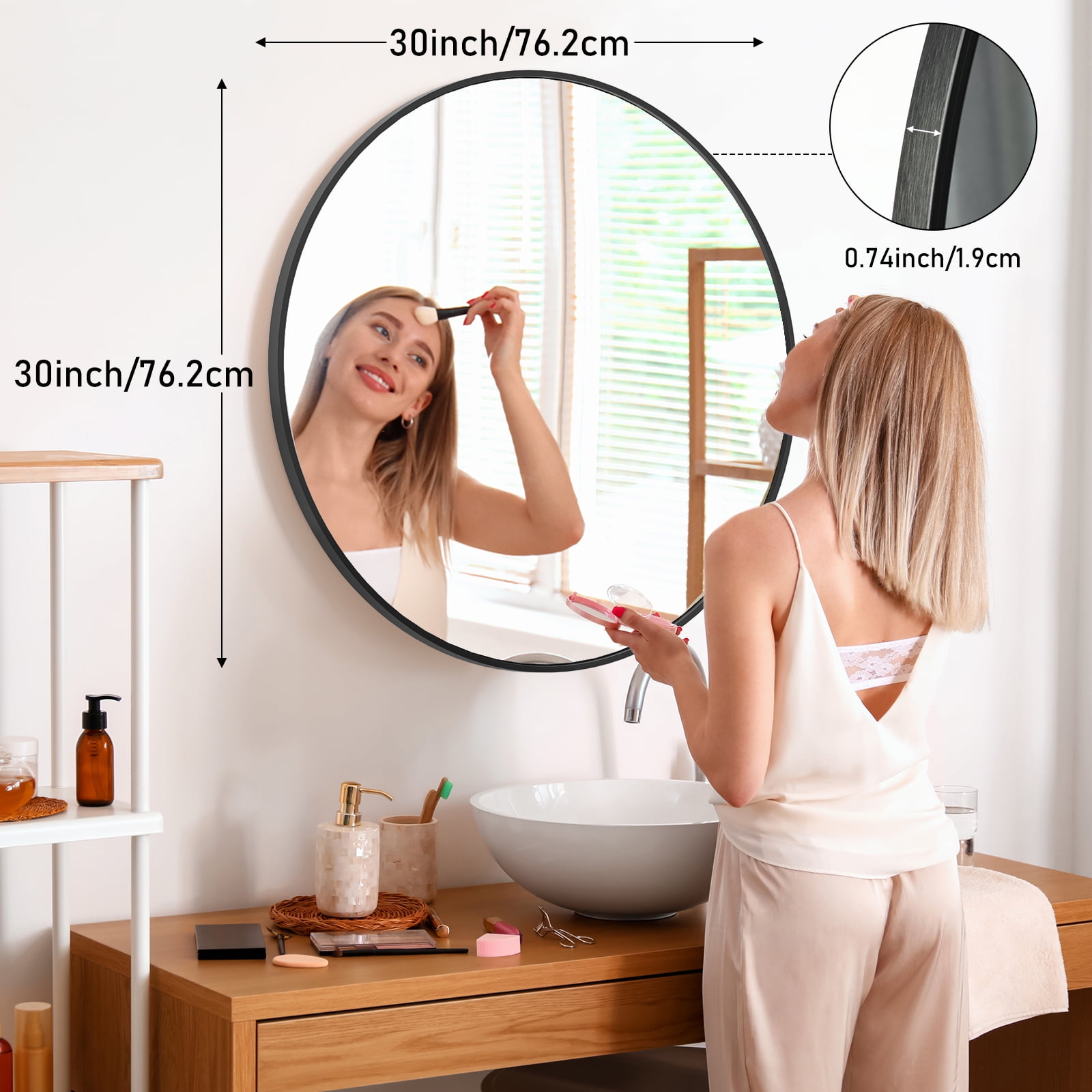 GIANNA 30-inch Round Bathroom Vanity Mirror – Shatterproof, Silver-Plated with Rust-Resistant Aluminum Frame, Black