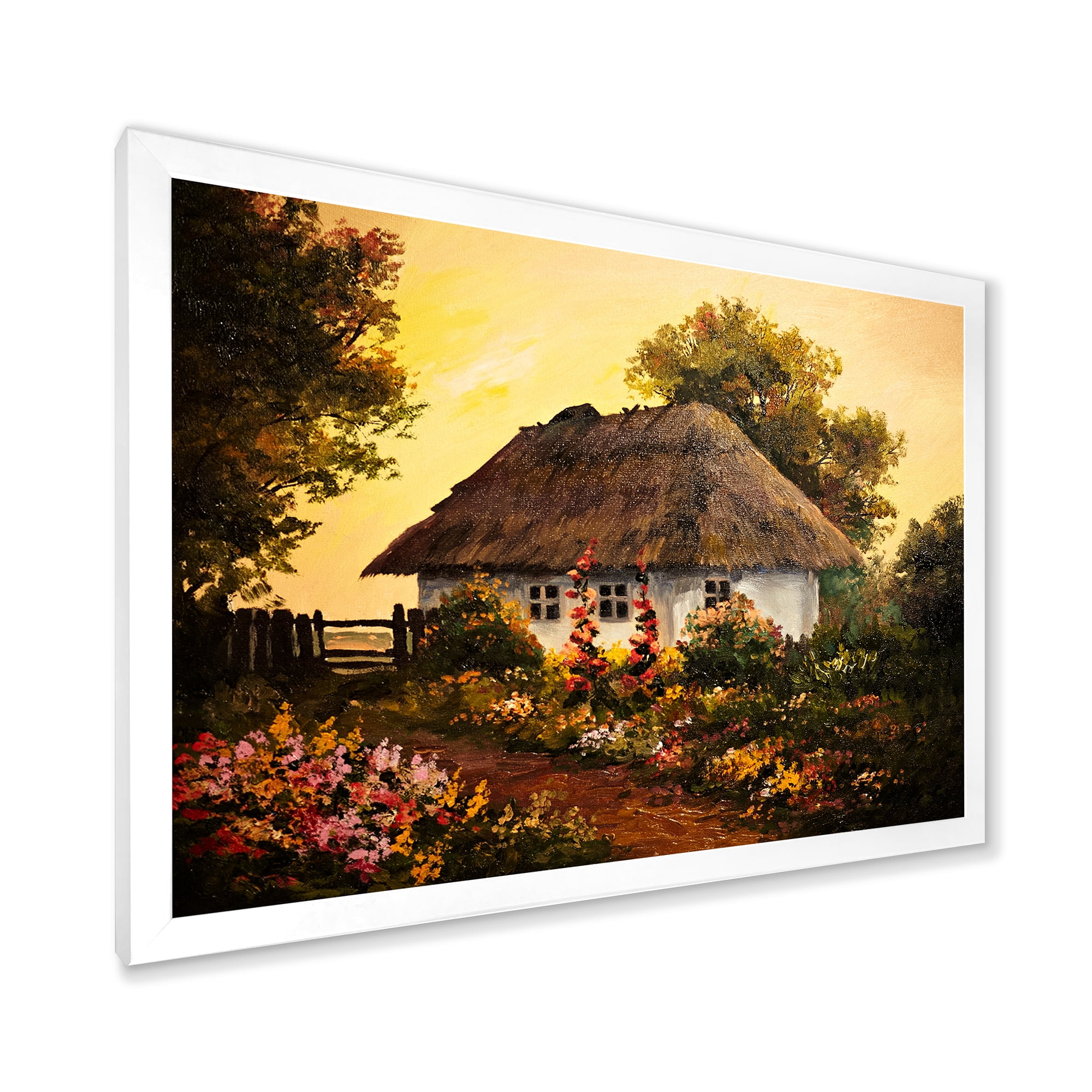 Designart 'Traditional Cottage At Sunset In Autumn Flowers' Traditional Framed Art Print