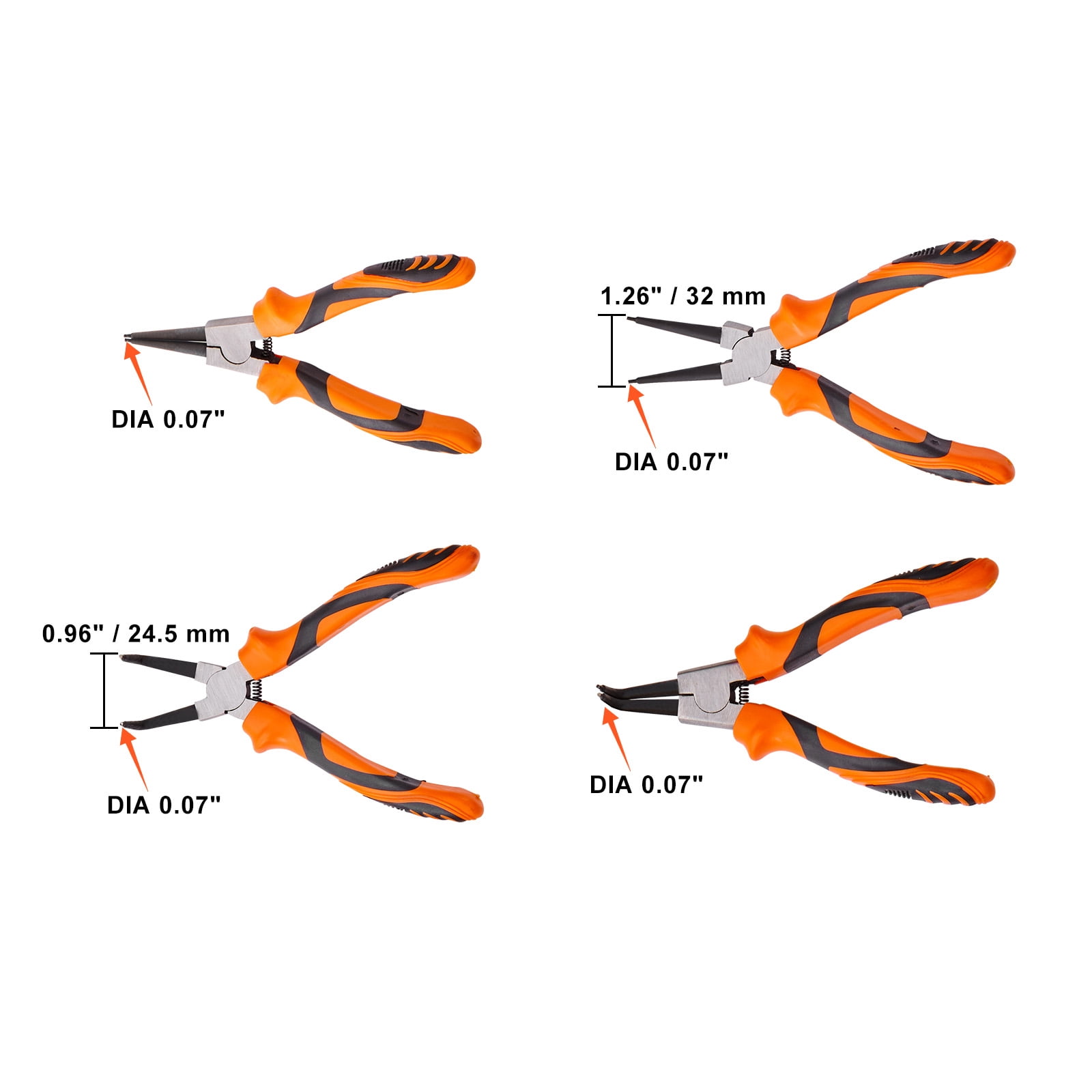 SKYSHALO Snap Ring Pliers Set, 4-Piece 0.07" Tip Diameter, High Carbon Steel Straight and Bent Jaw, Heavy Duty Internal and External Circlip Pliers Kit, with Portable Tool Bag