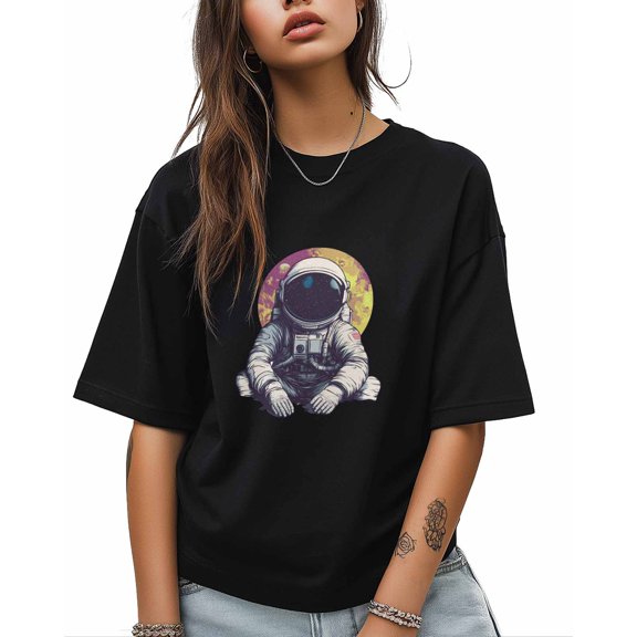 T Shirts for Women Short Sleeve Cotton Crewneck T-Shirt, Yellow Astronaut Space Planet Tee Tops Casual Basic T-Shirts, XS-5XL Black S