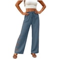 thumbnail image 4 of qolati Wide Leg Pants Women Casual Palazzo Drawstring Elastic Waist Vacation Trousers Side Floral Embroidery Hollow Out Summer Beach Pants Size M, 4 of 6