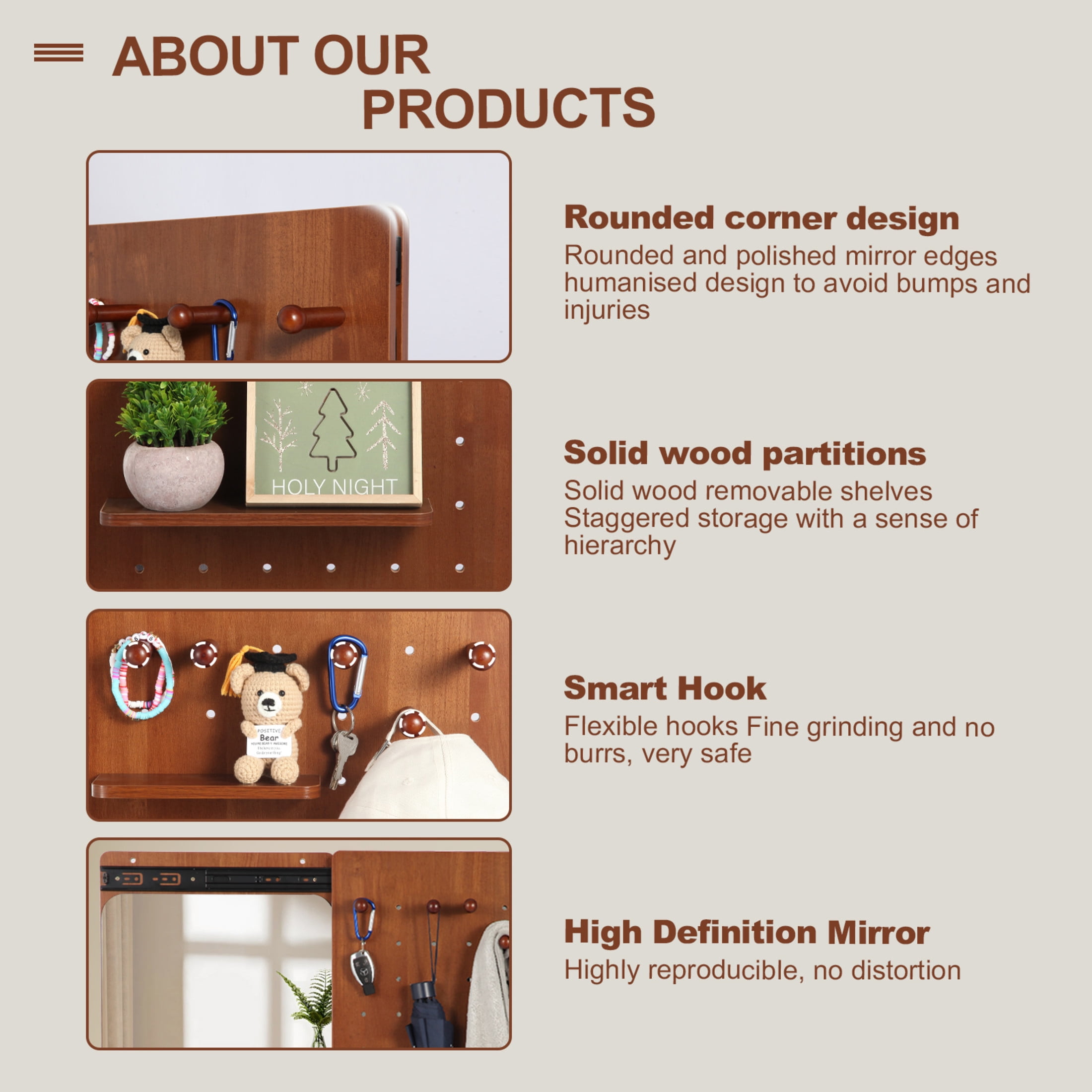 Noble House 47.6" Wall-Mounted Full-Length Mirror, Multifunctional Rubberwood Frame, Shelf & Hooks, Sliding Panel, Walnut