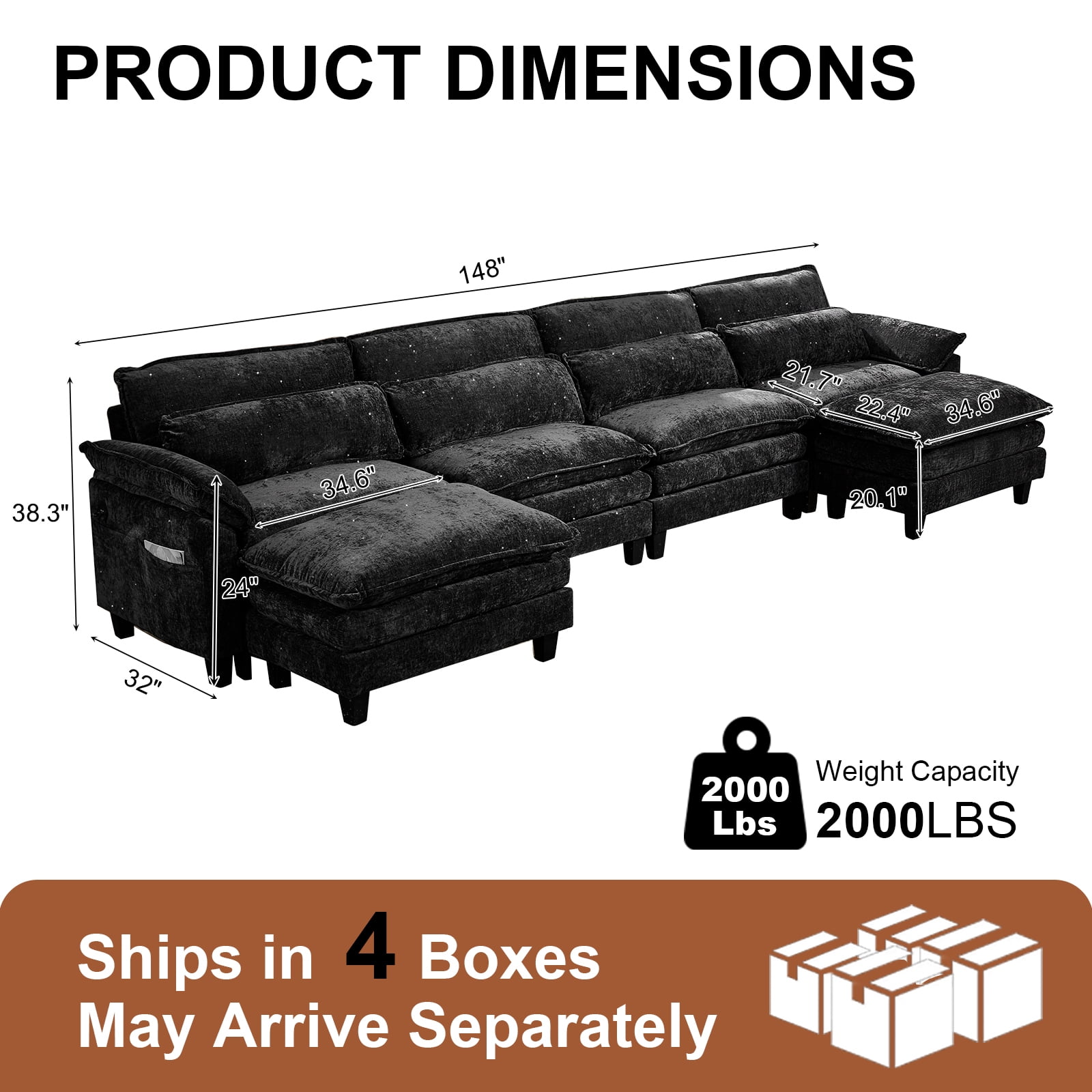 Howcool 148" Modular Sectional Sofa, 6 Seat U Shaped Cloud Couch with 2 Movable Ottomans, Deep Seat Chenille Sectional Couch with Washable Removable Covers for Living Room, Black