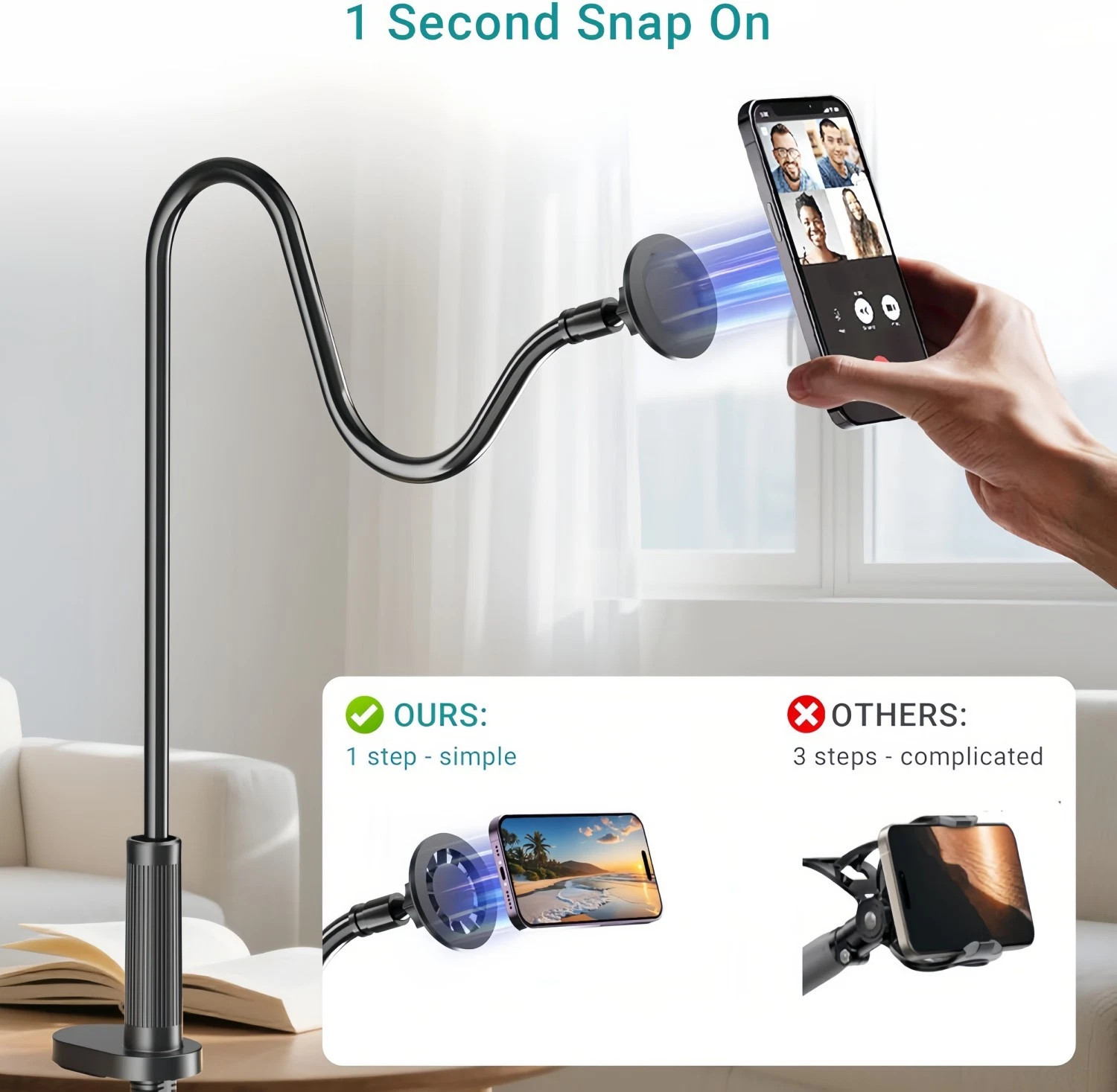 Magnetic Phone Holder For Bed Laying Down Bedside Gooseneck Stand Flexible Mount