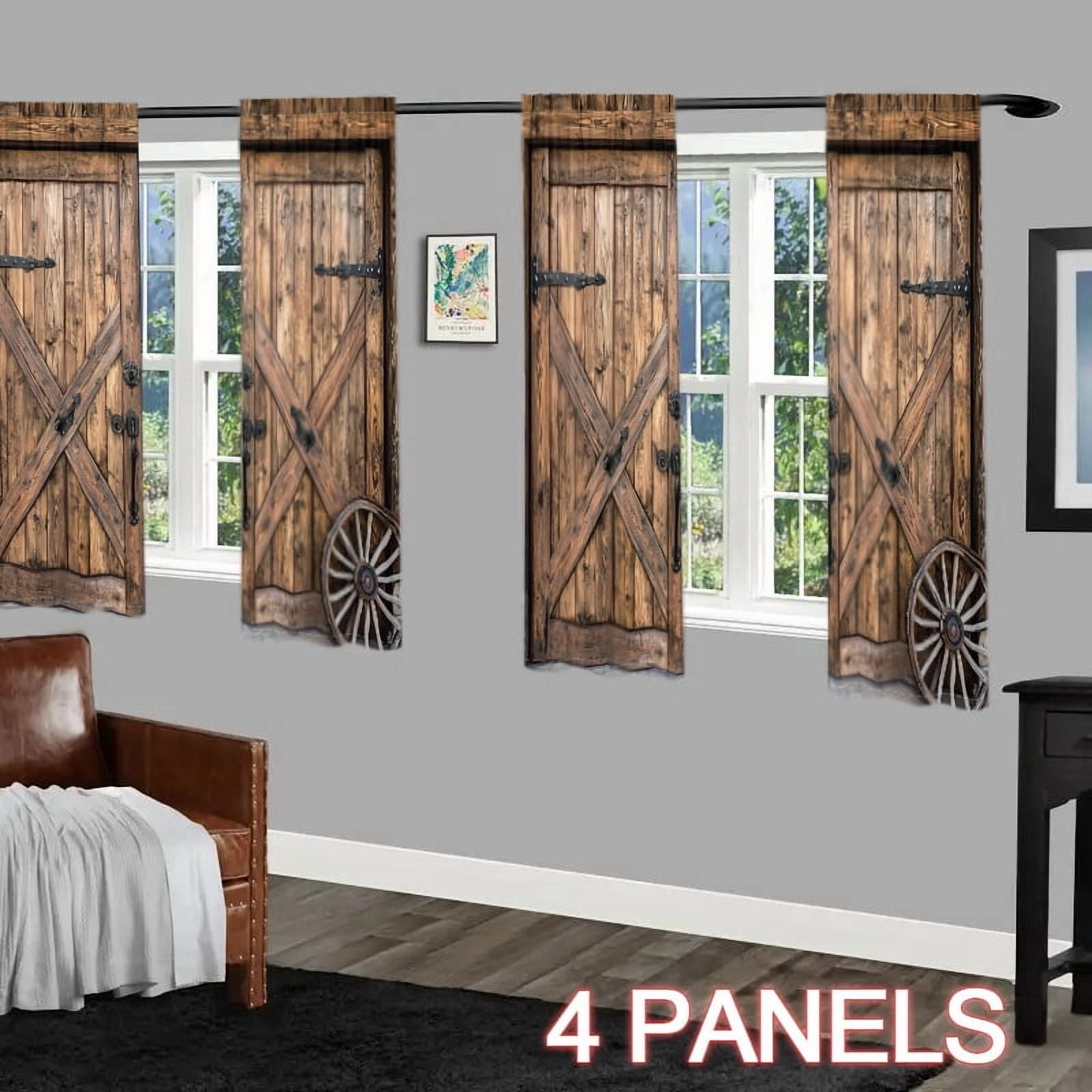 WNOOHIY 4 Panels Brown Wood Grain Barn Door Light-filtering Curtains for Living Room, Bedroom, Outdoor Decoration