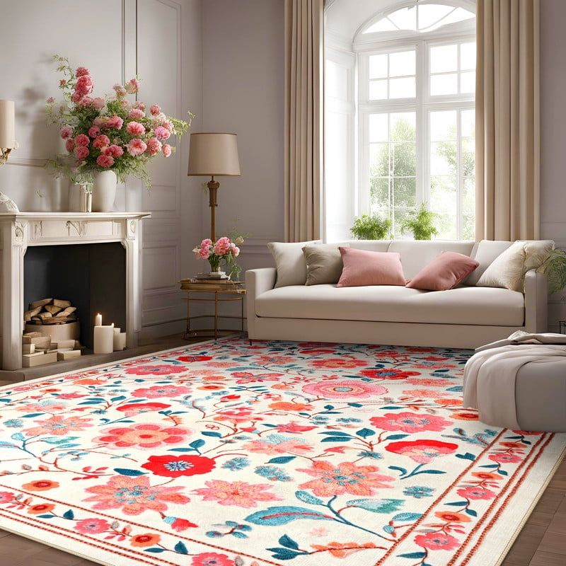 GUUCHA 8'x10'Area Rugs for Living Room Floral Print Rug Floor Carpet for Bedroom,Beige