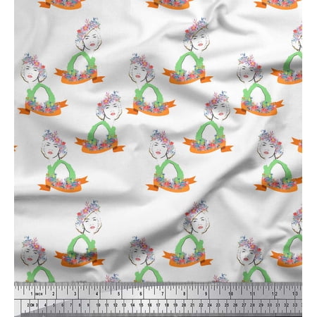 Soimoi Green Heavy Satin Fabric Flowers & Women Human Figure Print Fabric by Yard 54 Inch Wide