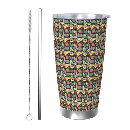 

Susaid Doodle Food Print 20oz Car Cup Insulated Coffee Cup Fully Spill Proof Travel Coffee Mug Stainless Steel Tumbler for Work Home Outdoor Car-Straw Two-piece Set