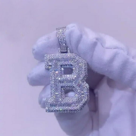 2CT Baguette & Round Lab Created Diamond ANY Letter B Pendant 925 Sterling Silver