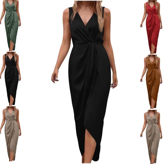 Gamivast Wedding Guest Dresses for Women Sleeveless V-Neck Satin Ruched Formal Dress High Slit Wrap Midi Evening Dress Cocktail Party Date Night Club