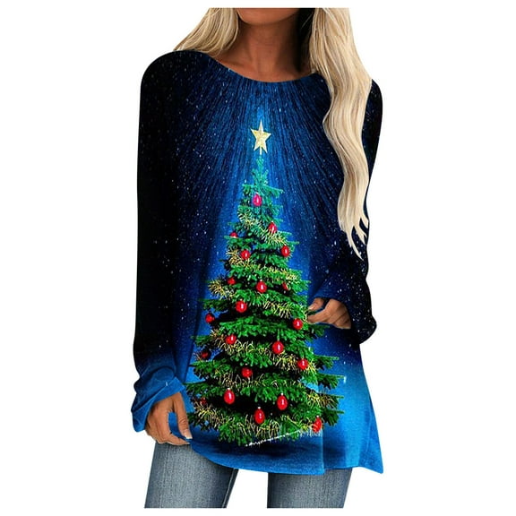 Women's Christmas Long Sleeve Tops Tshirts Fall Winter Ladies Printed O Neck Clothes Santa Xmas Tees Blouses
