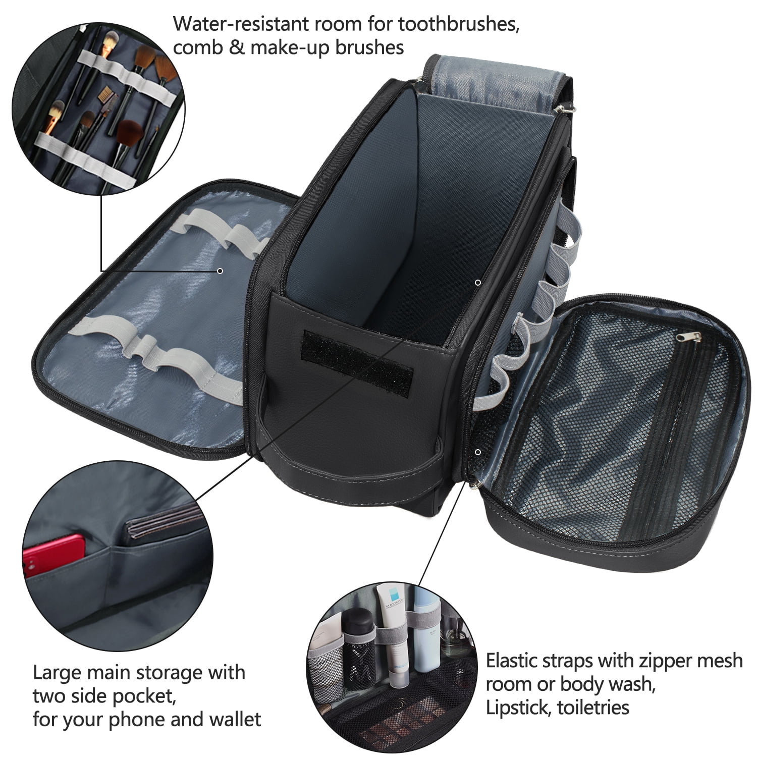 Large Capacity Toiletry Bag for Men, Leather Hanging Toiletry Organizer Cosmetics Makeup Bag, Black