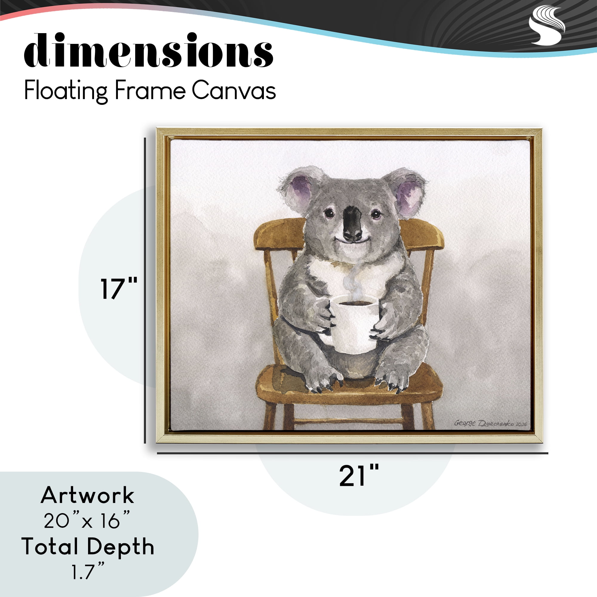 Stupell Industries Koala with Coffee Mug Gold Framed Floater Canvas Wall Art, design by George Dyachenko